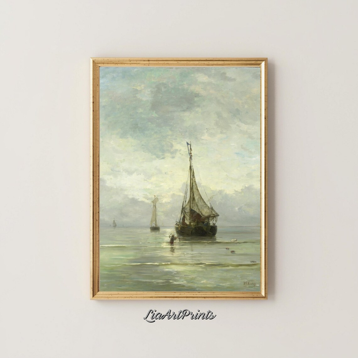 Serene Fishing Boats at Dawn on a Calm Sea Vintage Maritime Oil Print - Image 5