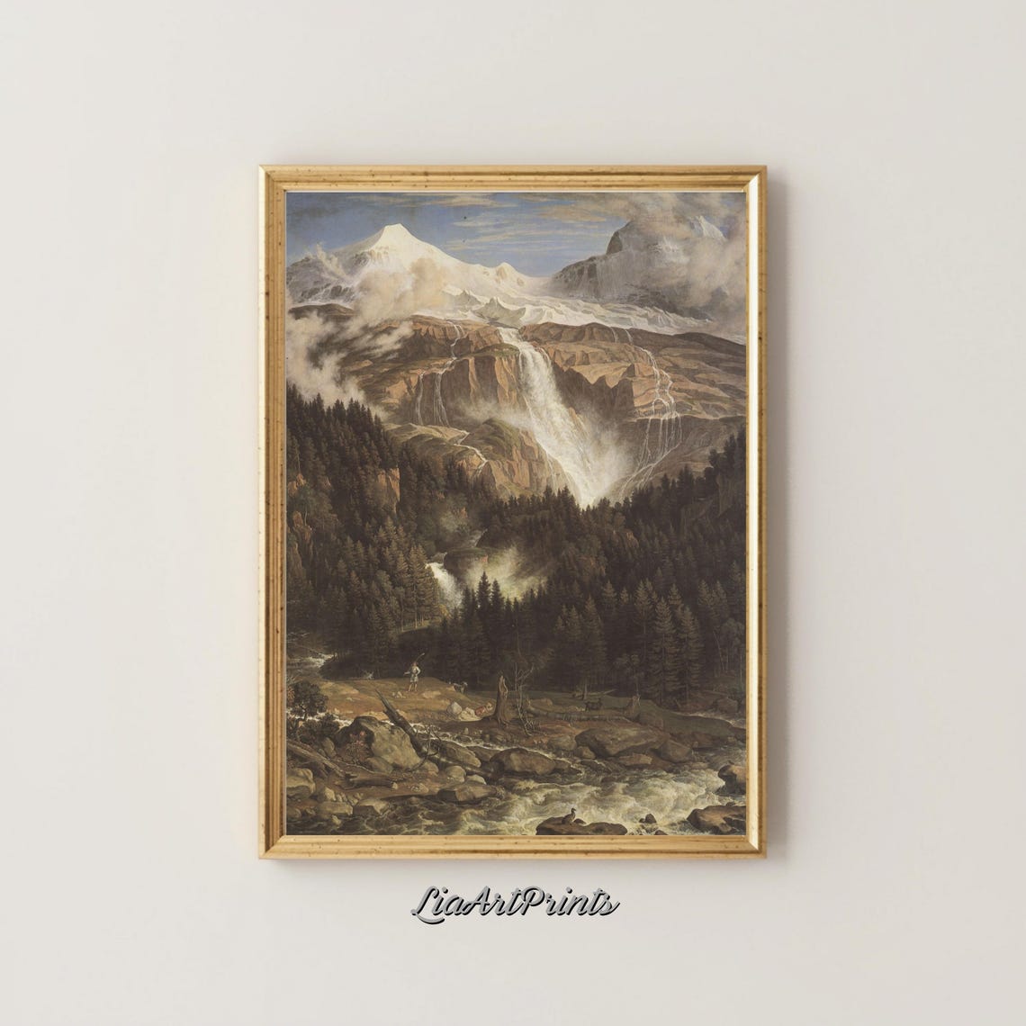 Alpine Waterfall Cascading Down Rocky Mountain Valley Art Poster - Image 4