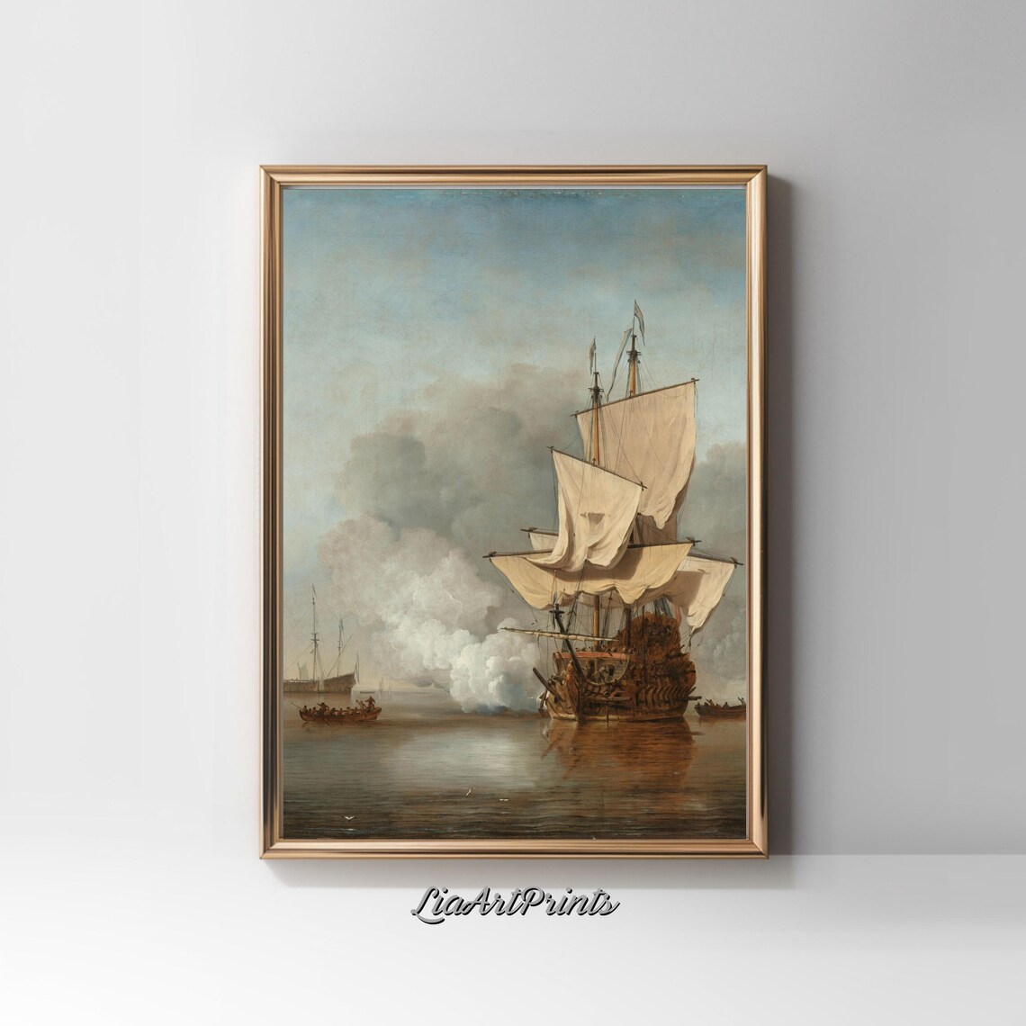 Tall Ship Cannon Salute Full Sails Antique Nautical Maritime Painting Poster - Image 2