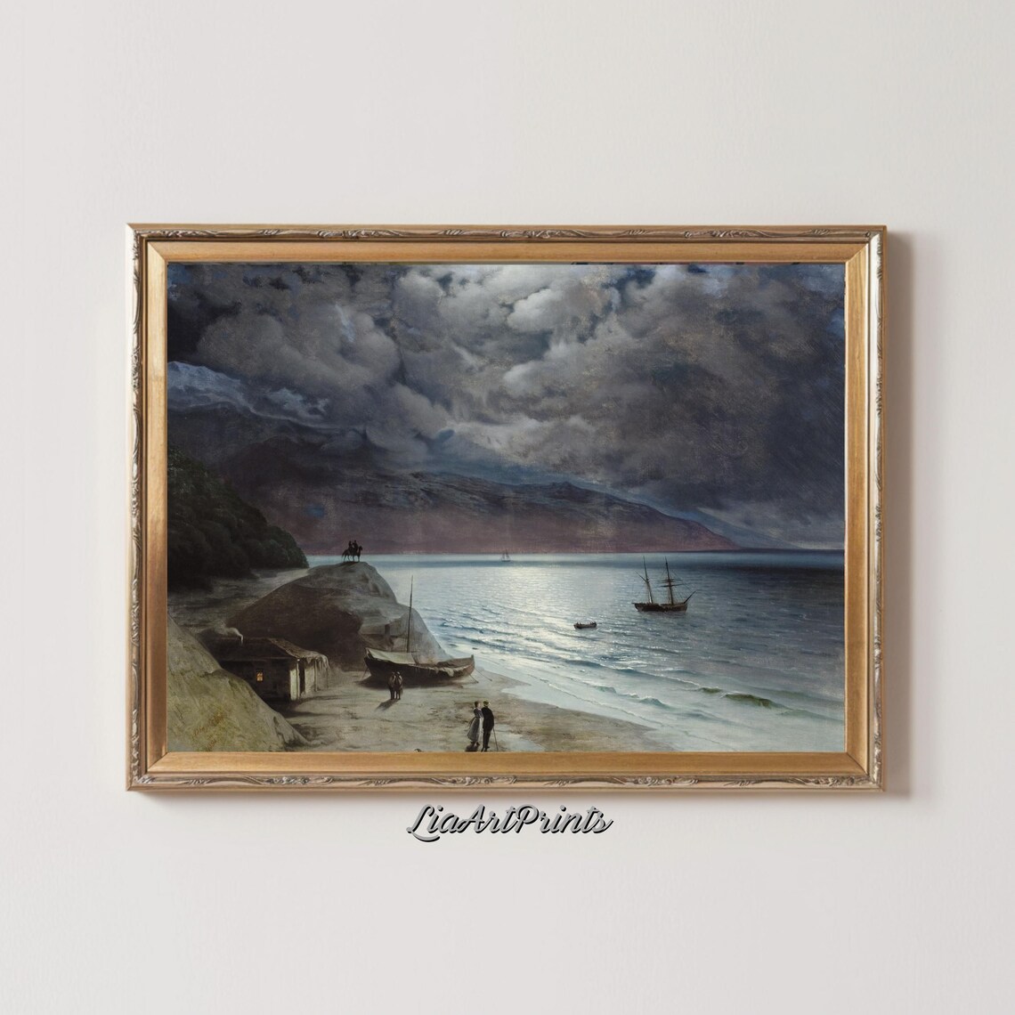 Moonlit Coastal Scene, Dramatic Nautical Seascape - Image 4