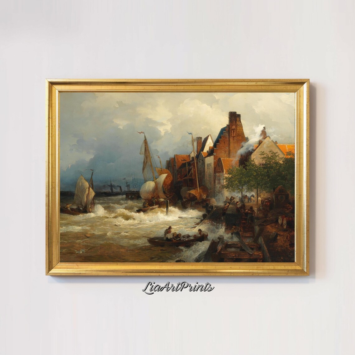 Stormy Harbor Scene, Seaside Town and Sailboats - Image 3