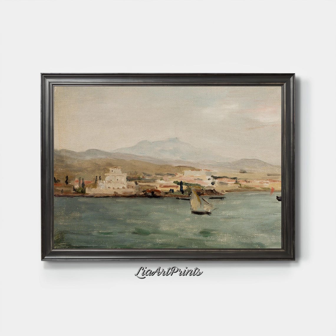 Serene Coastal Harbor Sailboat and Seaside Town Muted Vintage Poster - Image 3