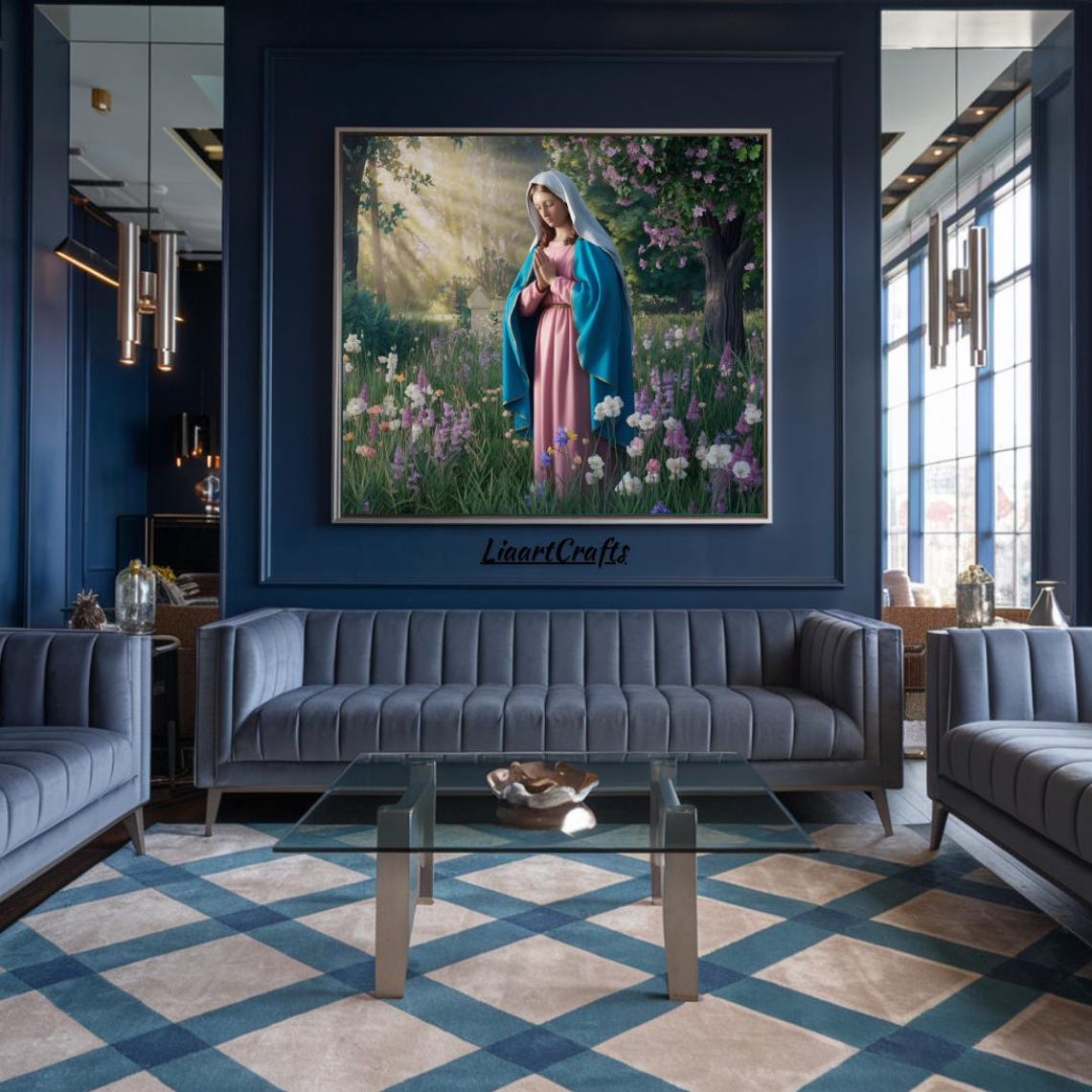 Virgin Mary Praying in a Blooming Flower Garden Devotional Wall Art - Image 3