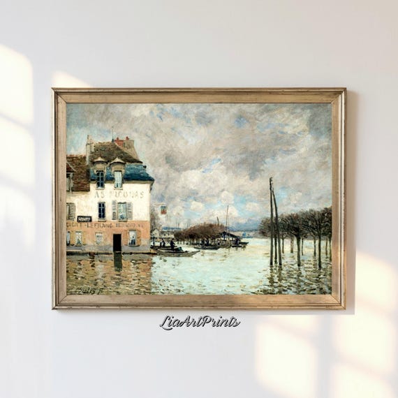 Charming Riverside Village Wall Art Serene Waterway With Rustic Architecture Vintage Artwork For Home Decor