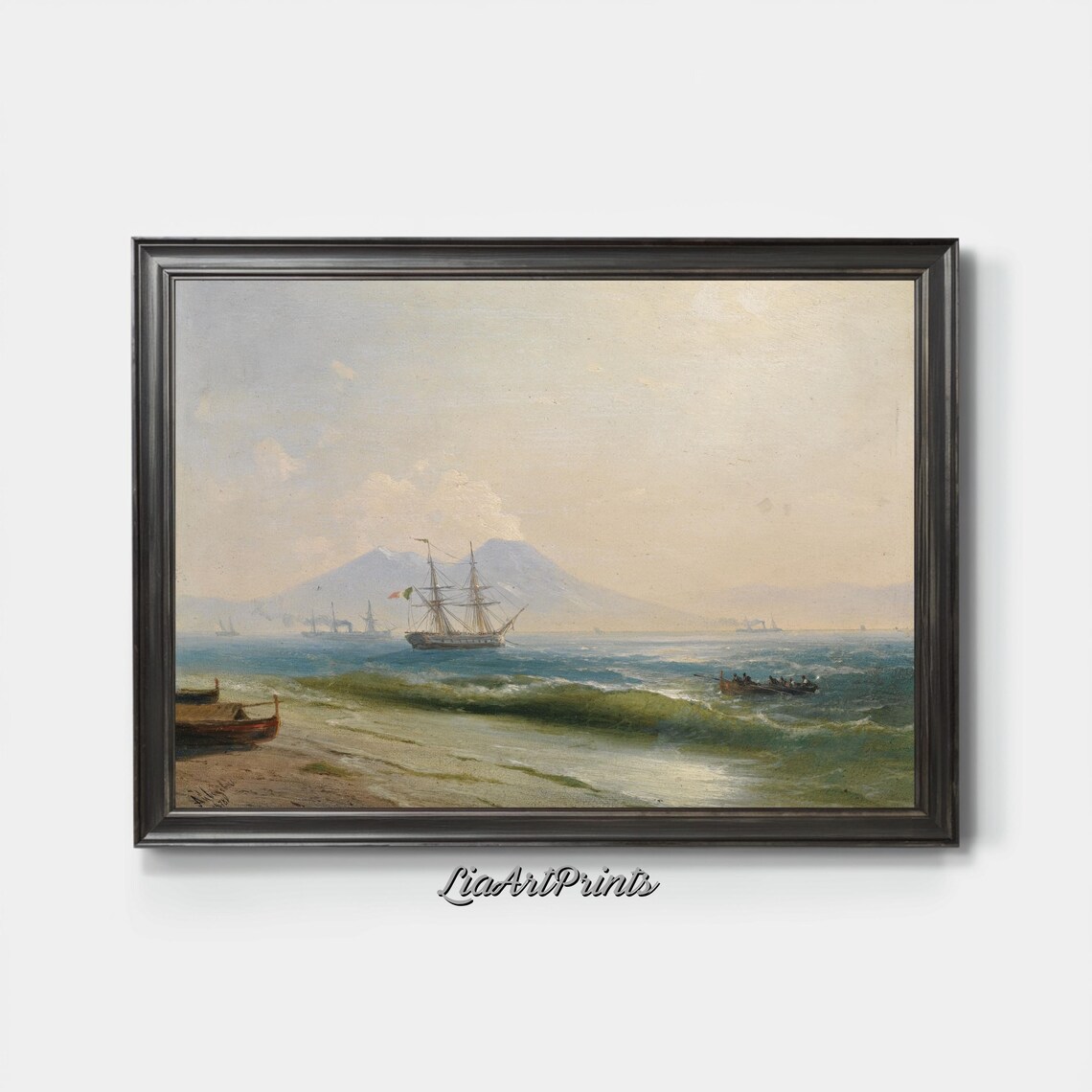 Coastal Bay with a Tall Ship and Distant Volcano Vintage Nautical Print - Image 2
