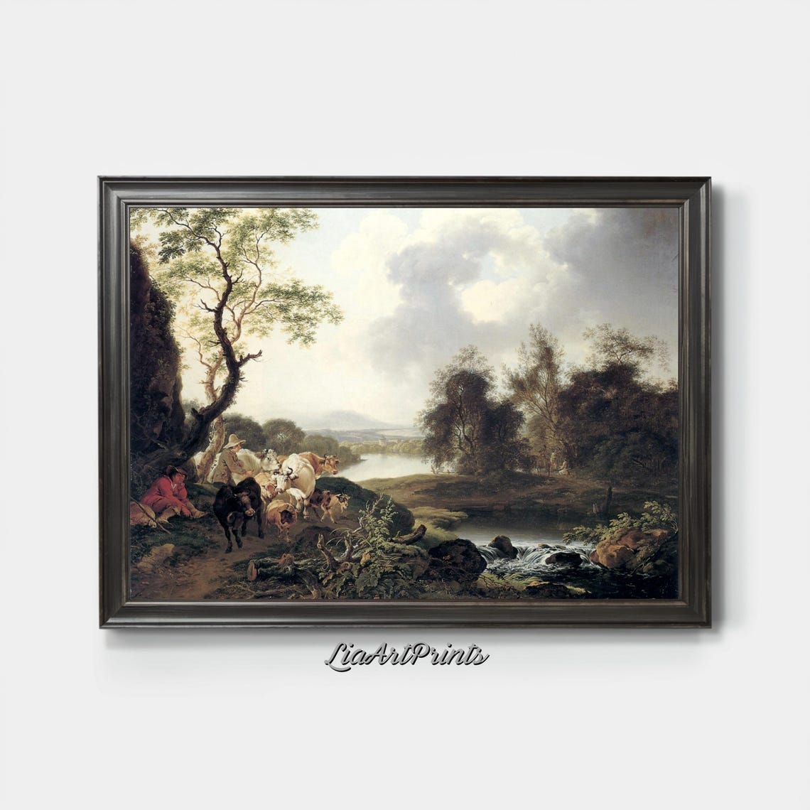 Pastoral River Scene Countryside Landscape With Livestock Tranquil Rural Art - Image 4