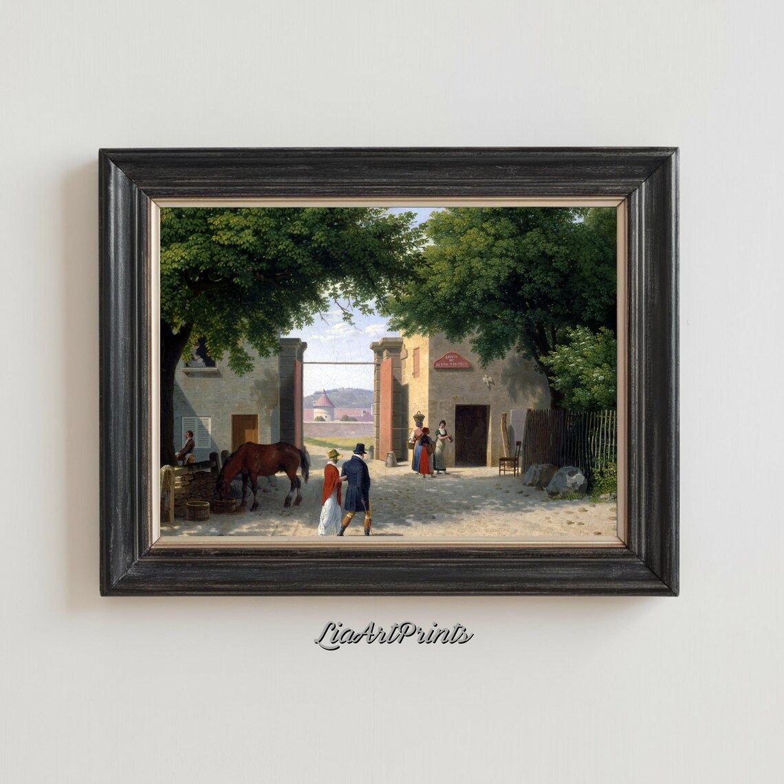 Rustic Village Courtyard with Inn Horse and Travelers Poster - Image 3