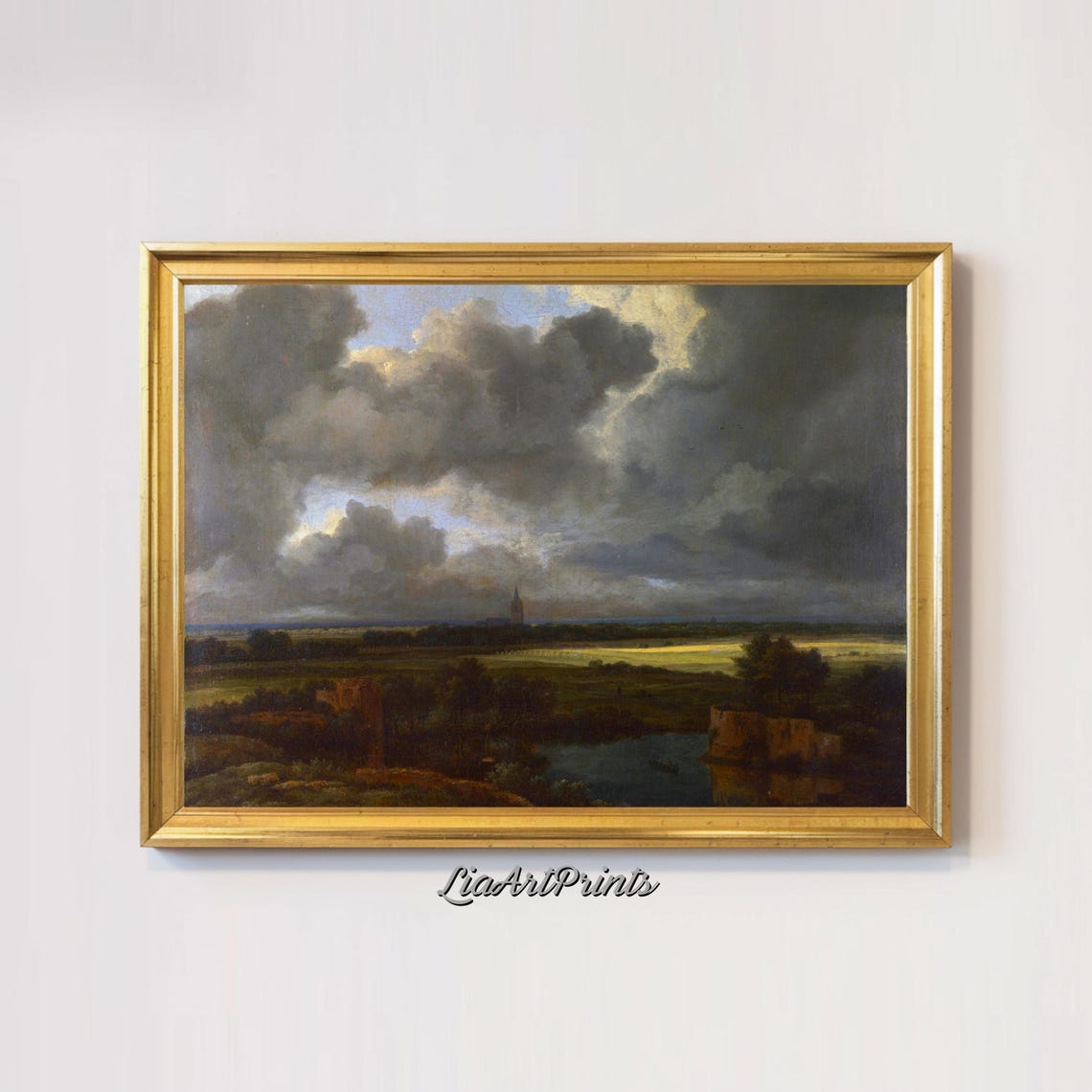 Stormy Cloud Sky Over Lowland Fields Church Spire Moody Art Poster - Image 2