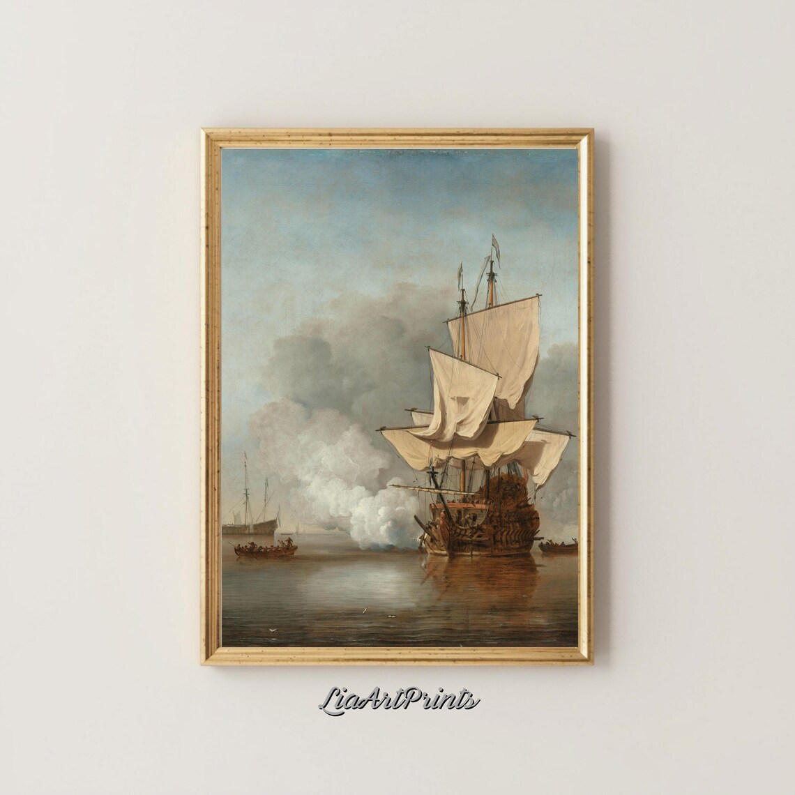 Tall Ship Cannon Salute Full Sails Antique Nautical Maritime Painting Poster - Image 4