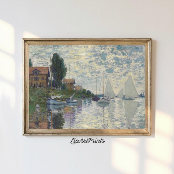 Sailboats at Sunset Impressionist Harbor Reflections Vintage Wall Art