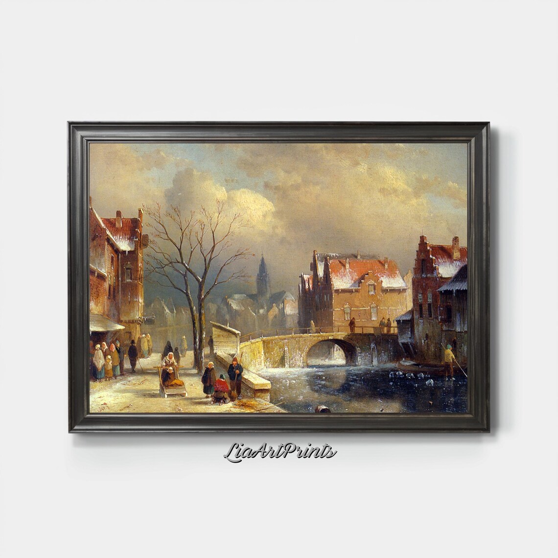 Snowy Winter Village Canal Bridge Charming Old Town Scene Poster - Image 4