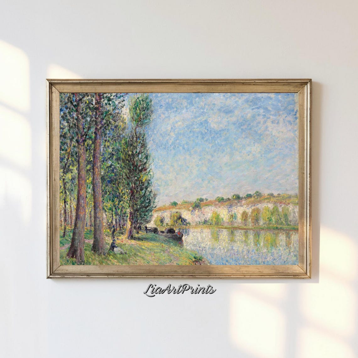 Impressionist Tall Trees River Bank Quiet Boat Scene Landscape Poster