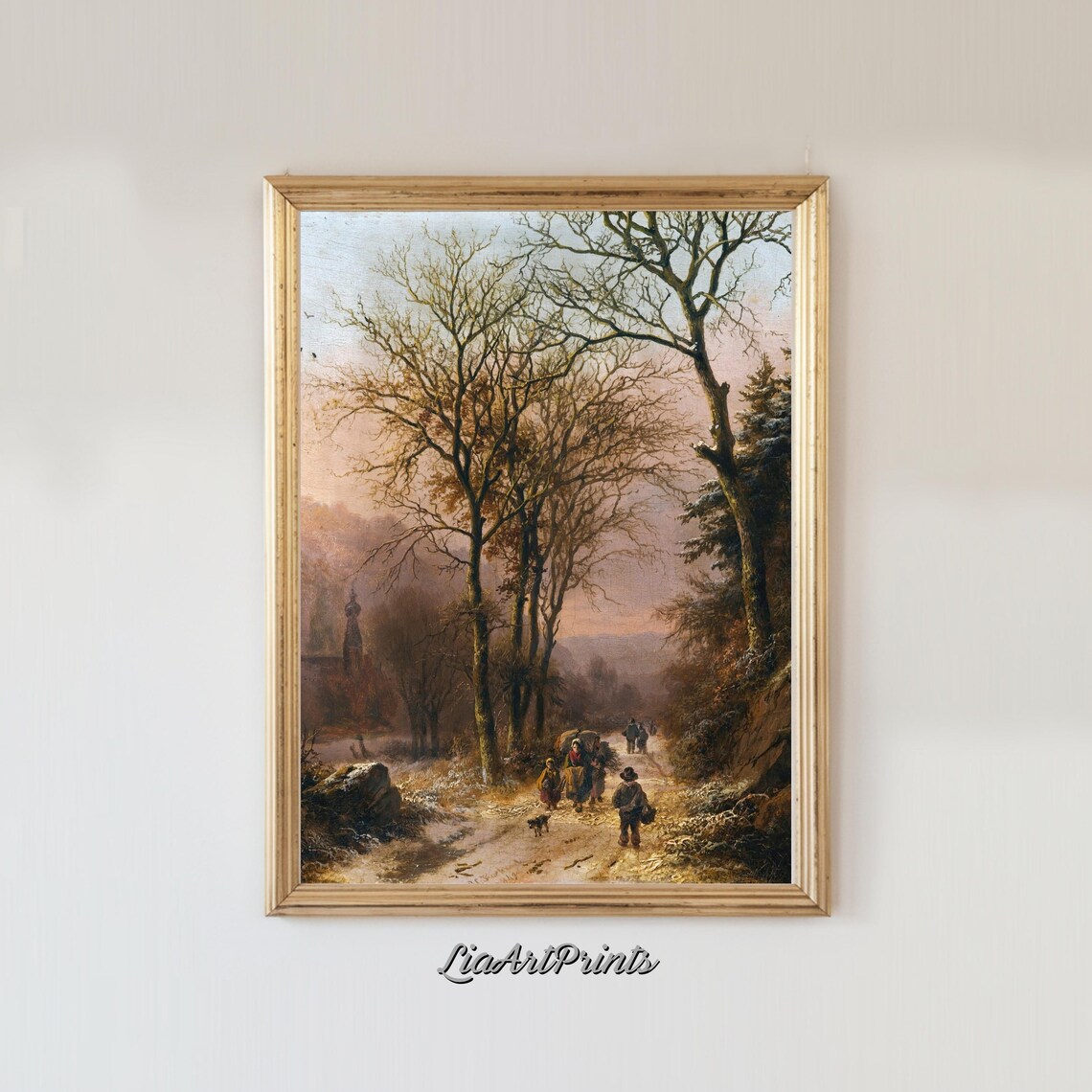 Winter Country Road Vintage Oil Painting with Bare Trees and Travelers Poster - Image 3