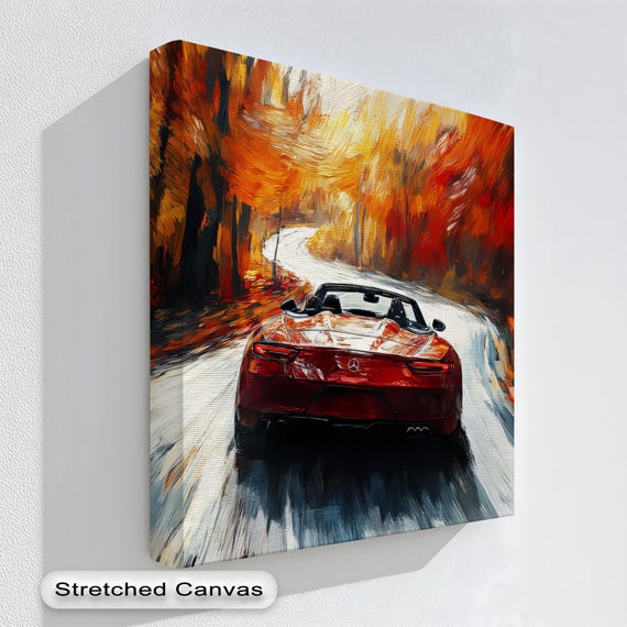 Mercedes Red Convertible Autumn Forest Drive Roadster Poster