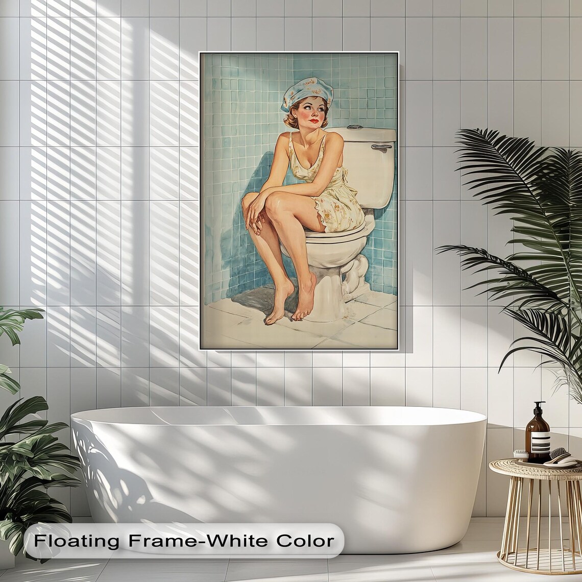Retro Pinup Girl in Shower Cap on Toilet Vintage Bathroom Poster