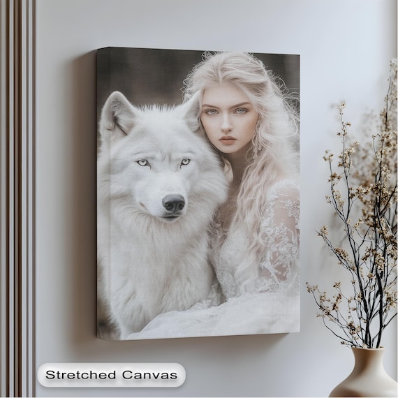 White Wolf And Woman Wall Art Fantasy Canvas Print With Floating Frame Mystical Animal Portrait Artwork For Modern Home Decor
