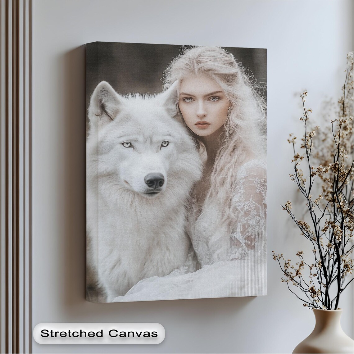 White Wolf and Woman Mystical Fantasy Wildlife Portrait Poster