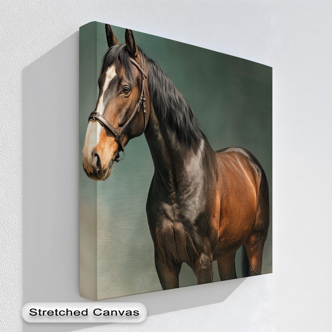 Chestnut Brown Horse Portrait with Bridle Equestrian Wall Art
