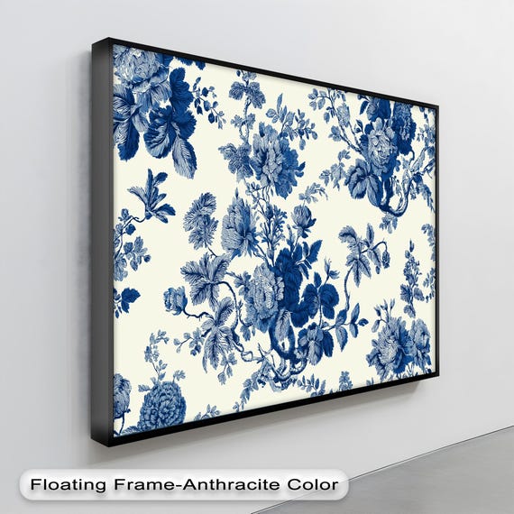 Blue Floral Glass Wall Art Vintage Botanical Print Elegant Home Decor