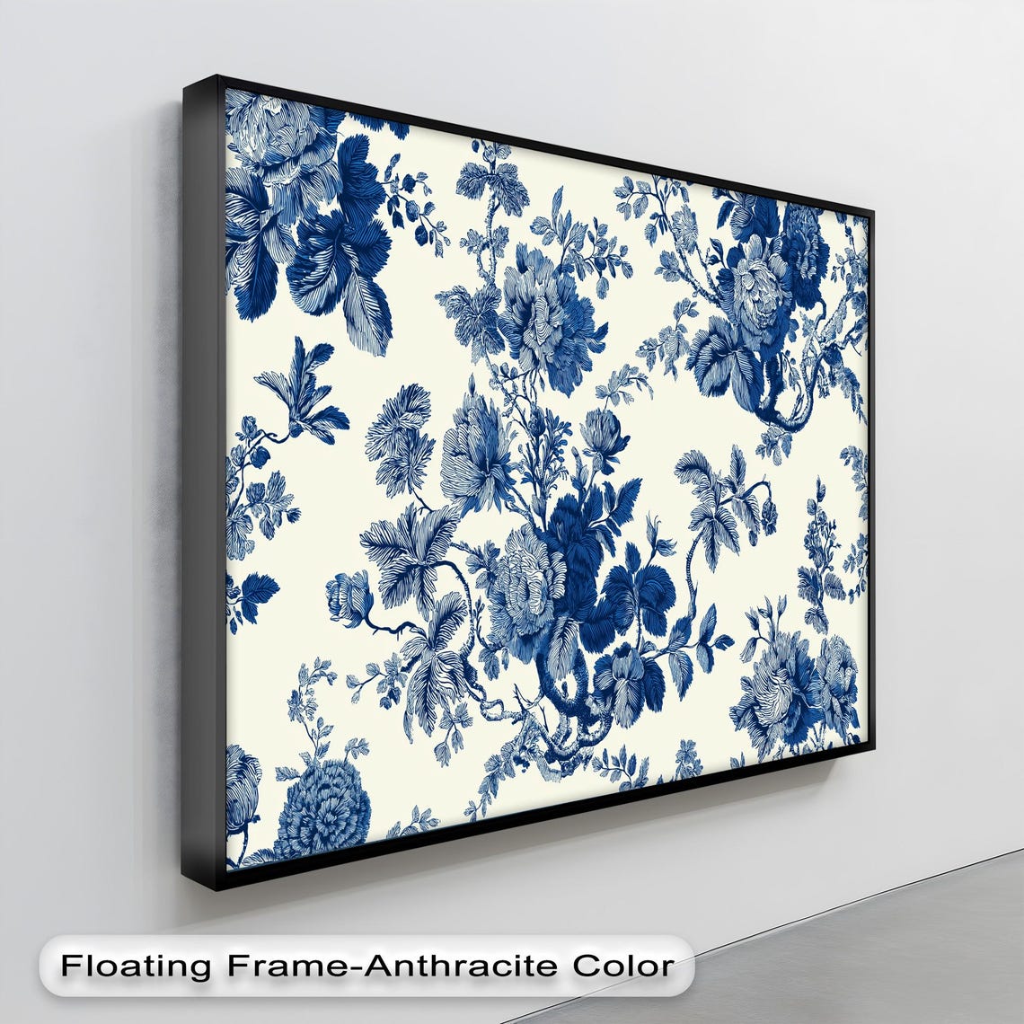 Blue White Floral Botanical Toile Elegant Vintage Horizontal Wall Art