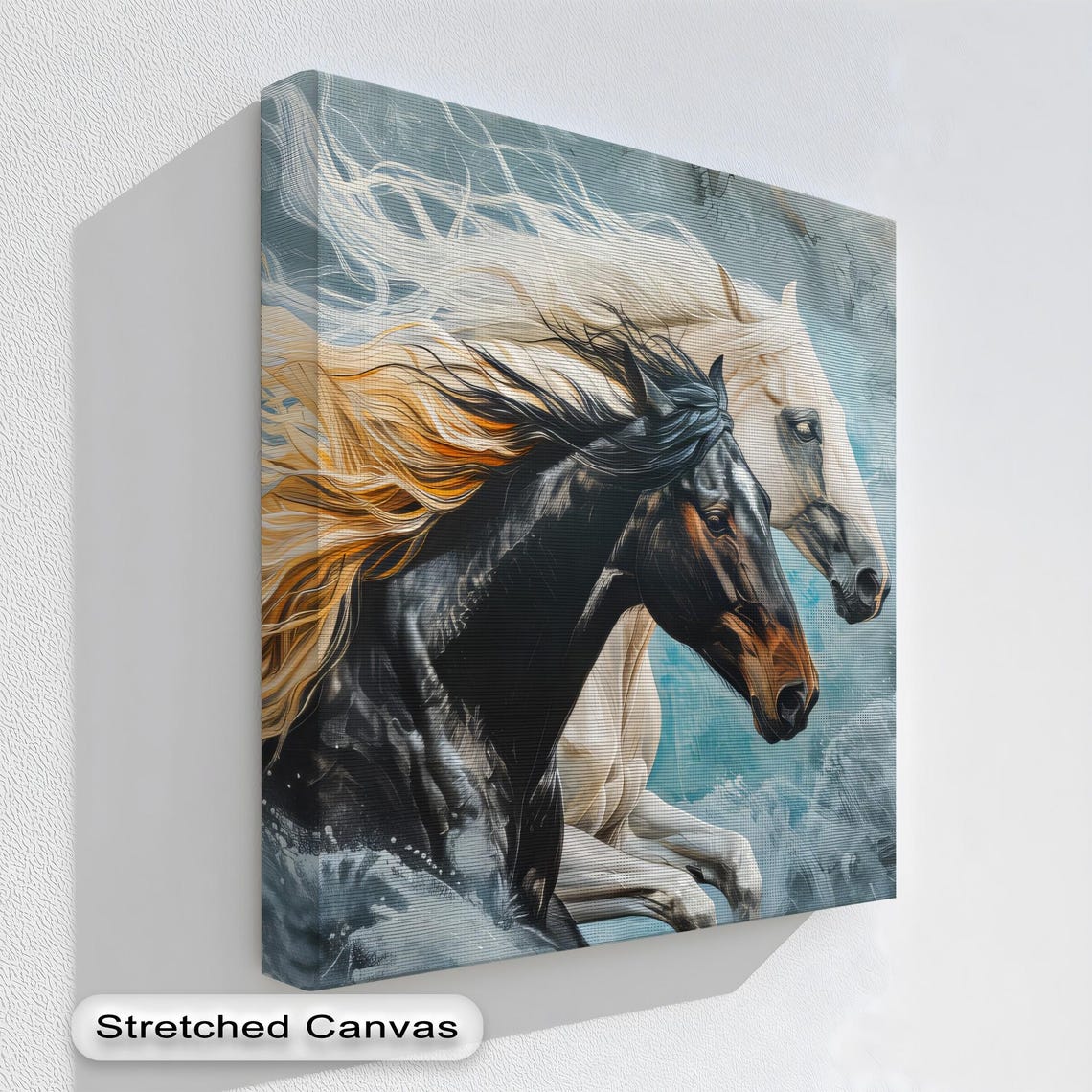 Black White Horses Running Ocean Surf Teal Gold Coastal Art Poster
