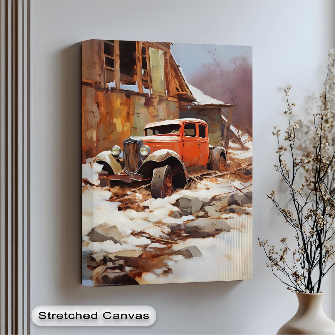 Vintage Red 1930s Car Snowy Winter Rustic Barn Scene Art Poster