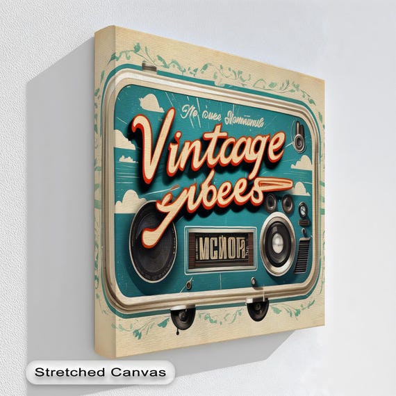 Vintage Radio Canvas Art Retro Teal Music Print With Natural Frame