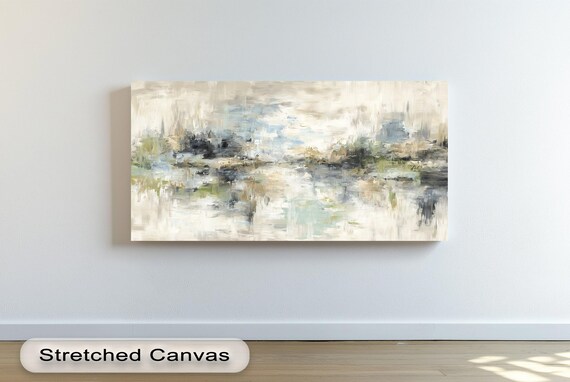 Neutral Abstract Landscape Canvas Art Silver Frame Beige Blue Green