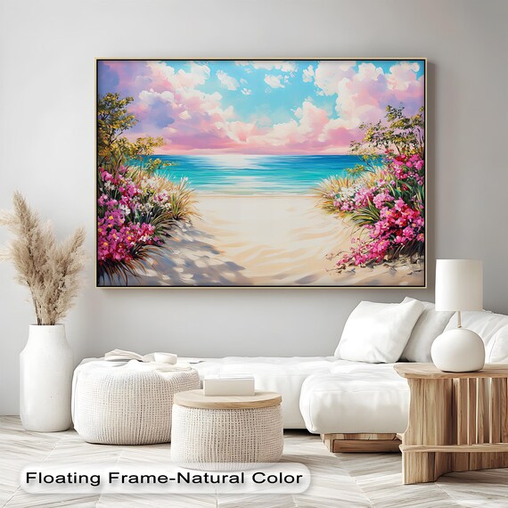 Tropical Pink Flowers Sandy Path to Turquoise Ocean Beach Art Poster