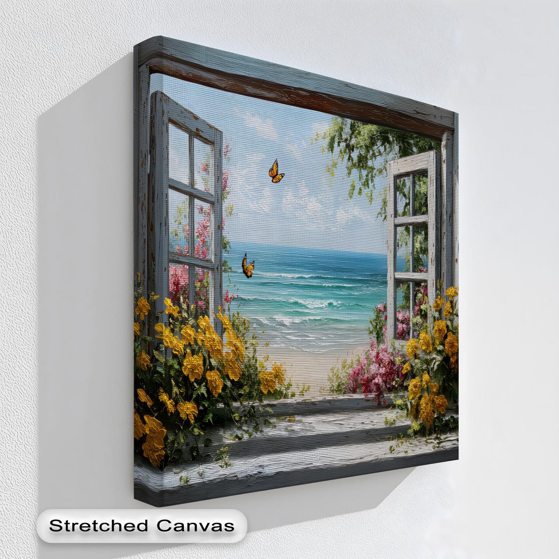 Open Window to the Beach Ocean View Floral Wall Decor Poster