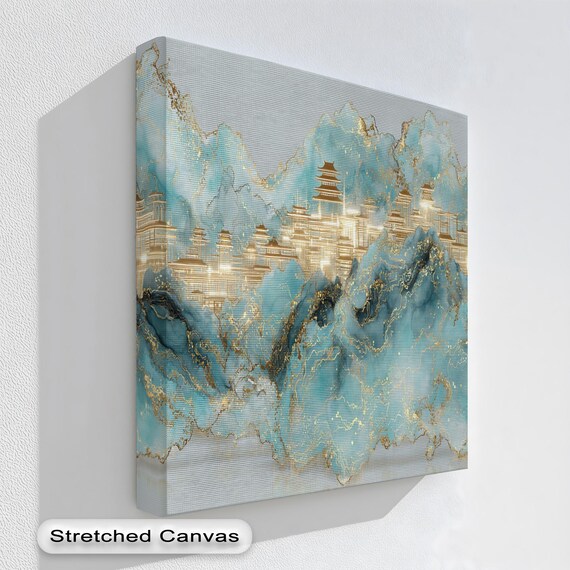 Blue And Gold Temple Glass Wall Art Abstract Asian Landscape