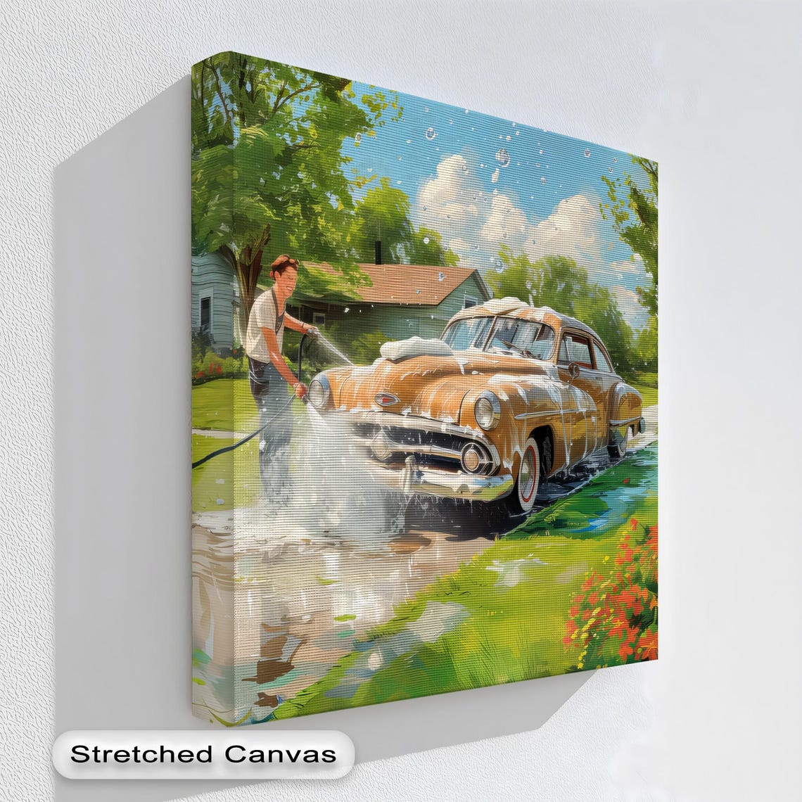 Man Washing Classic Car Summer Day Retro Americana Scene Print