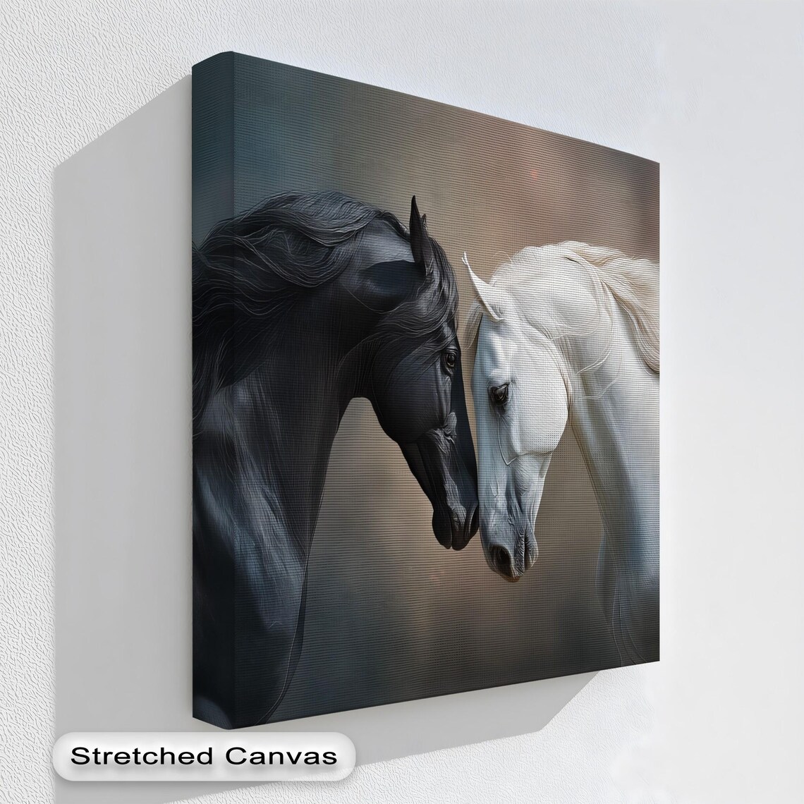 Black And White Horses Nuzzling Elegant Equine Pair Romantic Canvas Art Poster