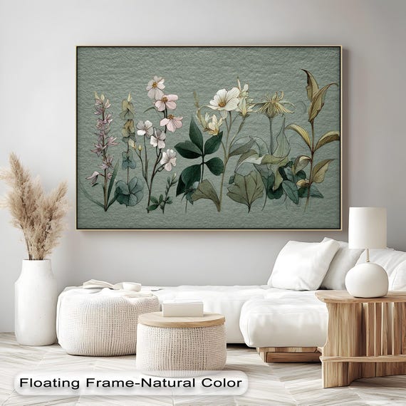 Pastel Botanical Flower Canvas Print Vintage Style Floating Frame Wall Art