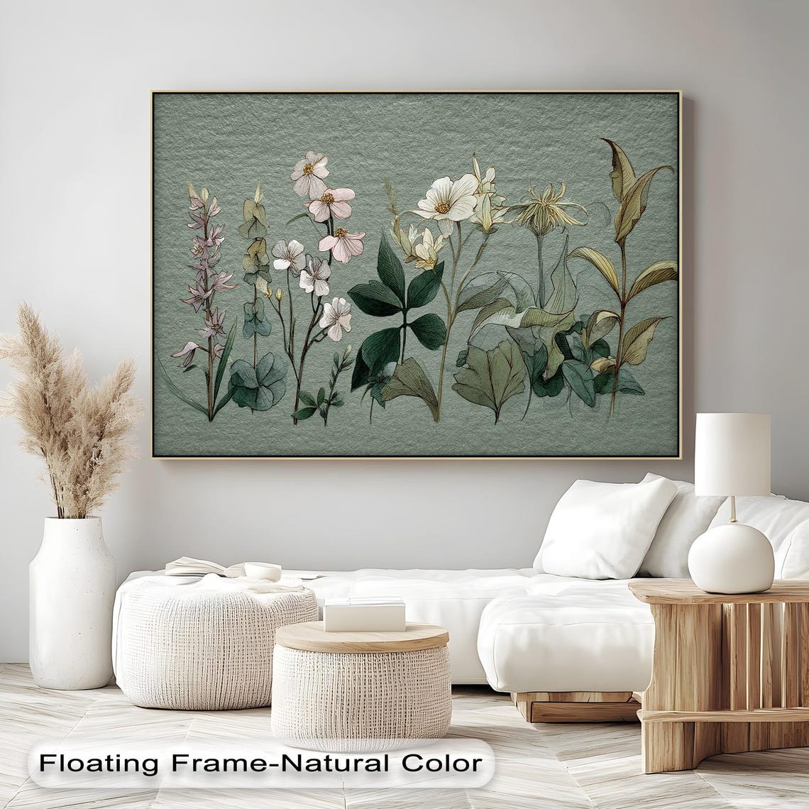Pastel Botanical Flower Canvas Print Vintage Style Floating Frame Wall Art