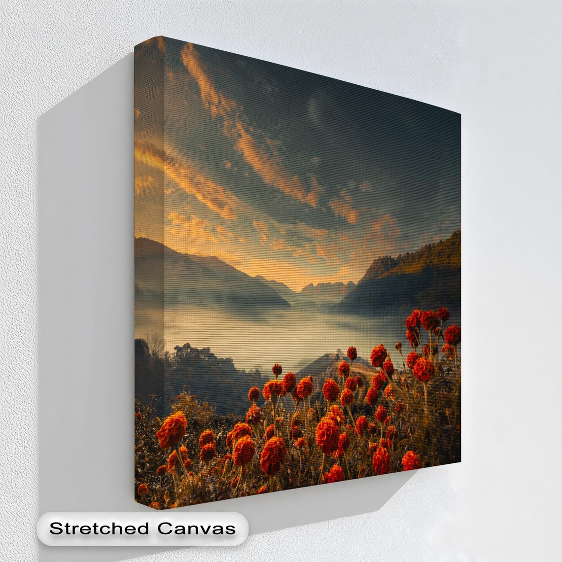 Sunset Valley Red Flowers Misty Mountains Golden Sky Wall Poster