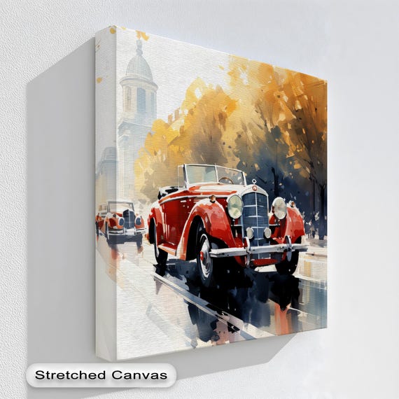 Red Vintage Convertible Autumn City Street Classic Car Poster