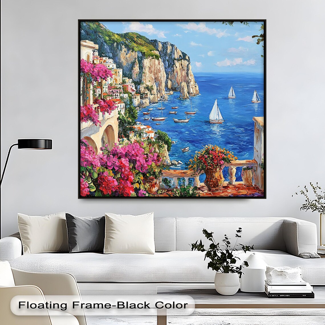 Mediterranean Cliffside Coastal Village Balcony Sailboat Painting Poster