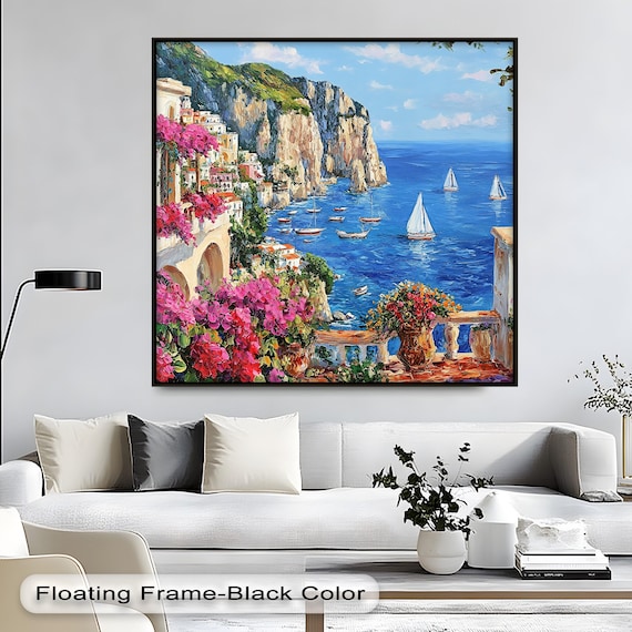 Mediterranean Cliffside Coastal Village Balcony Sailboat Painting Poster