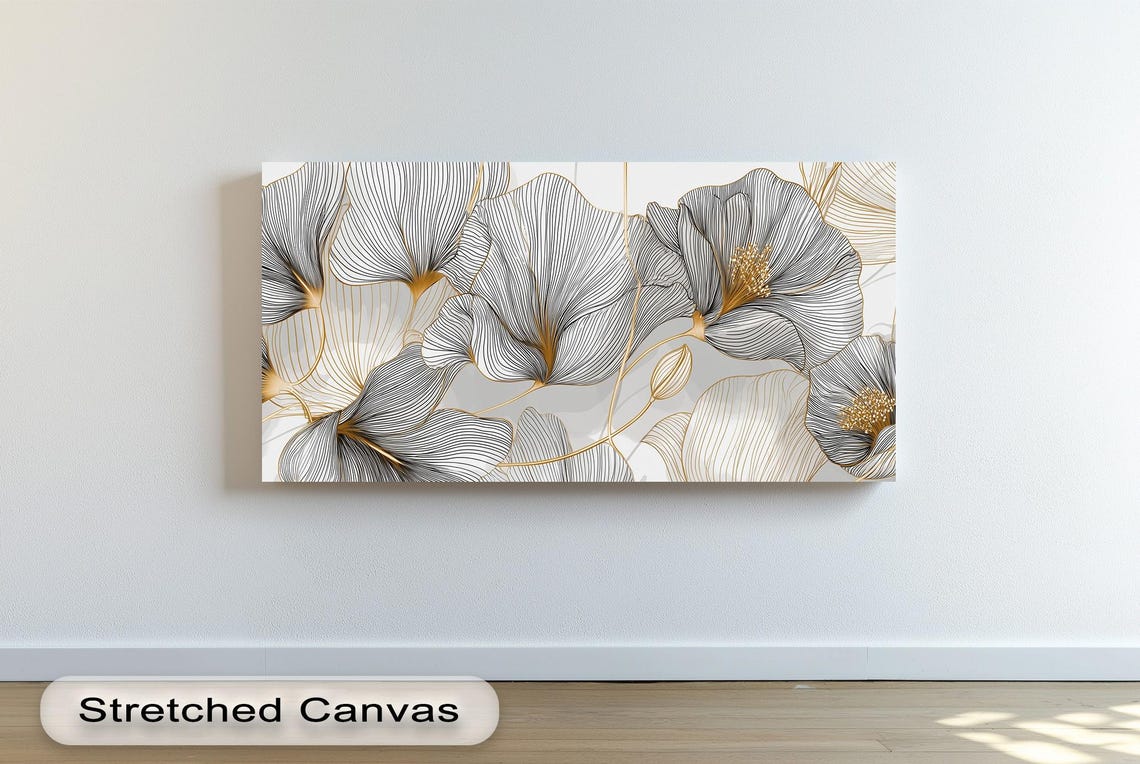 Monochrome Floral Line Art Black Gold Botanical Panoramic Poster