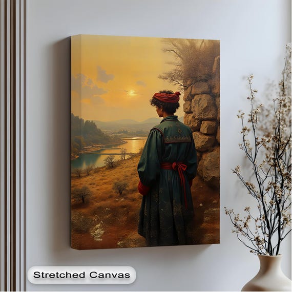 Sunset River Landscape Canvas Print Oriental Figure With Framed Wall Art