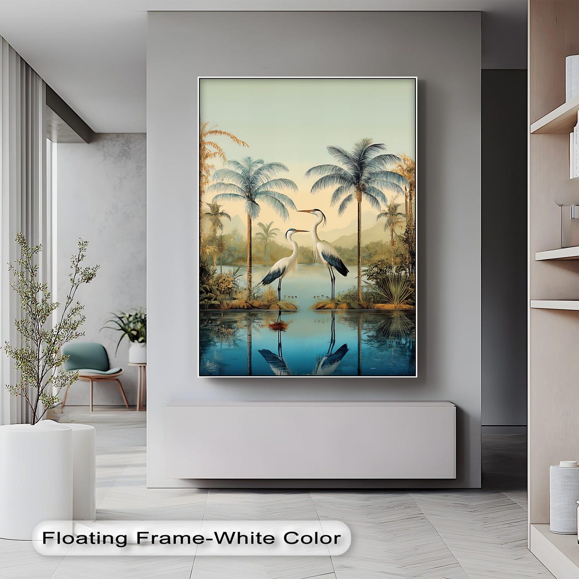 White Herons Palm Tree Canvas Print Serene Tropical Lagoon Nature Art
