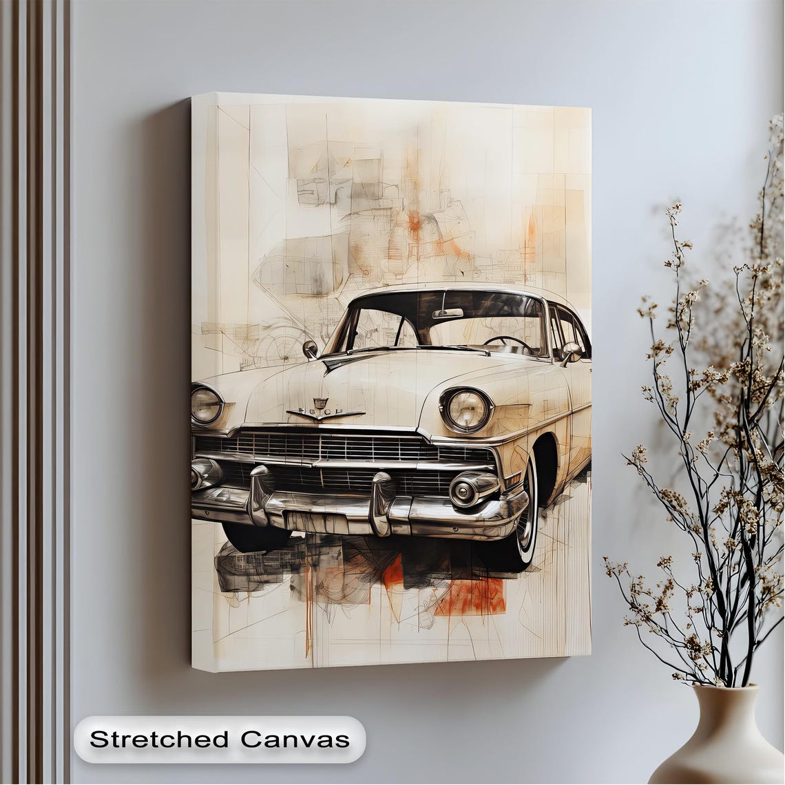 Vintage White 1950s Car Classic Chrome Front Sketch Canvas Poster