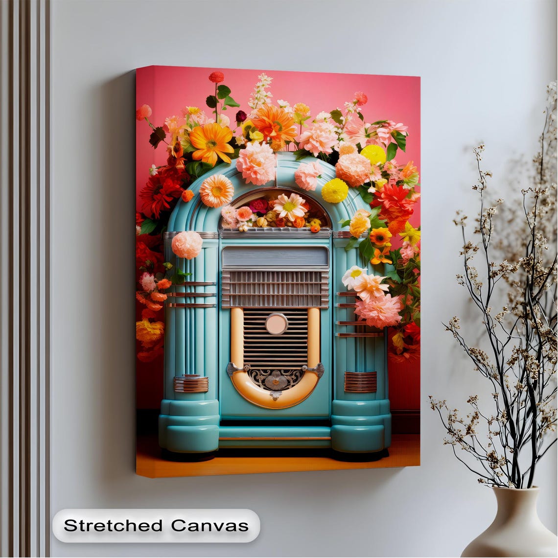 Retro Floral Jukebox Covered In Flowers Music Room Art Poster