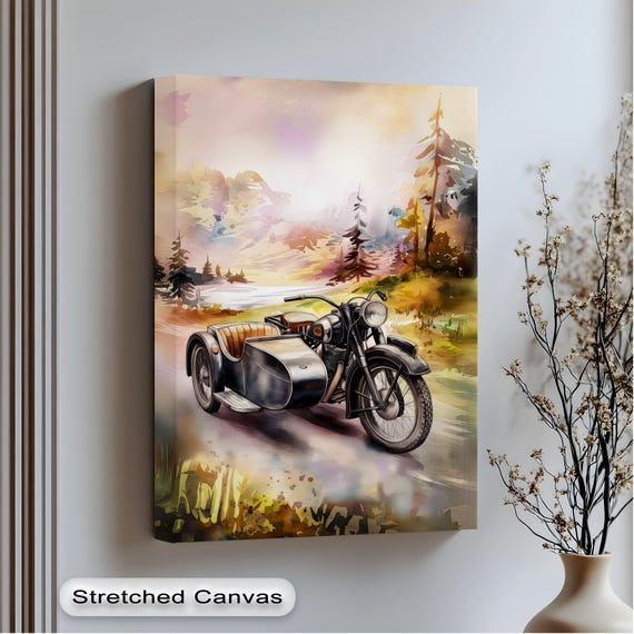Vintage Motorcycle Sidecar Art Print Scenic Mountain Landscape