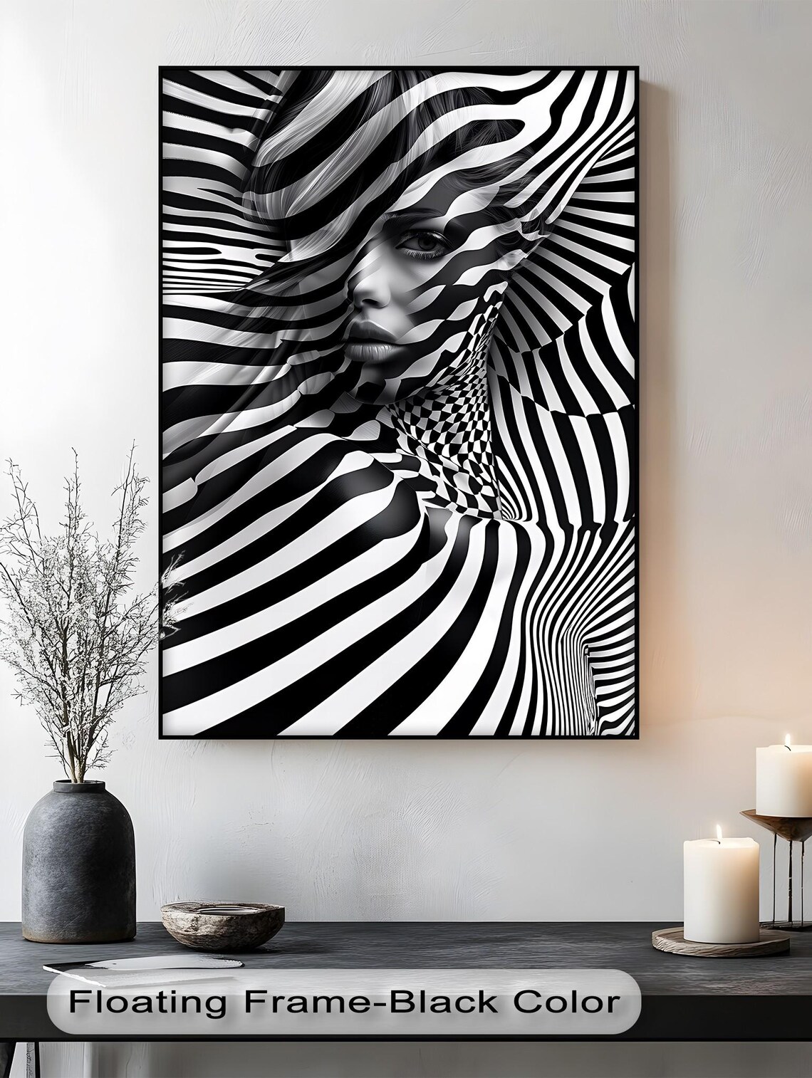 Optical Illusion Portrait Canvas Black And White Abstract Art Floating Frame