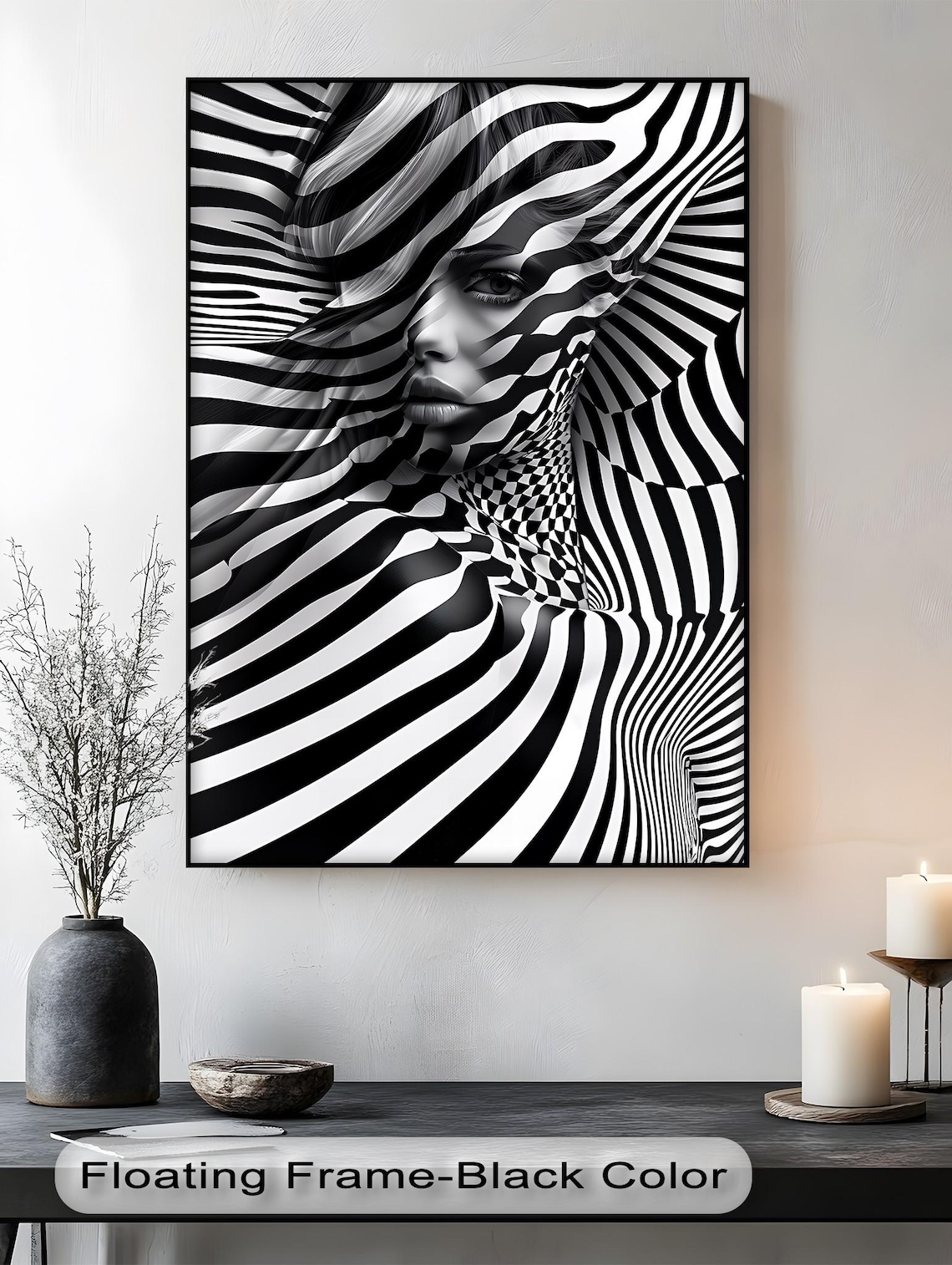 Optical Illusion Woman Face Zebra Stripes Black And White Portrait Poster