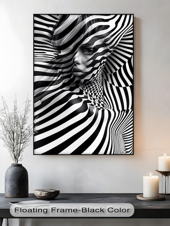 Optical Illusion Portrait Canvas Black And White Abstract Art Floating Frame