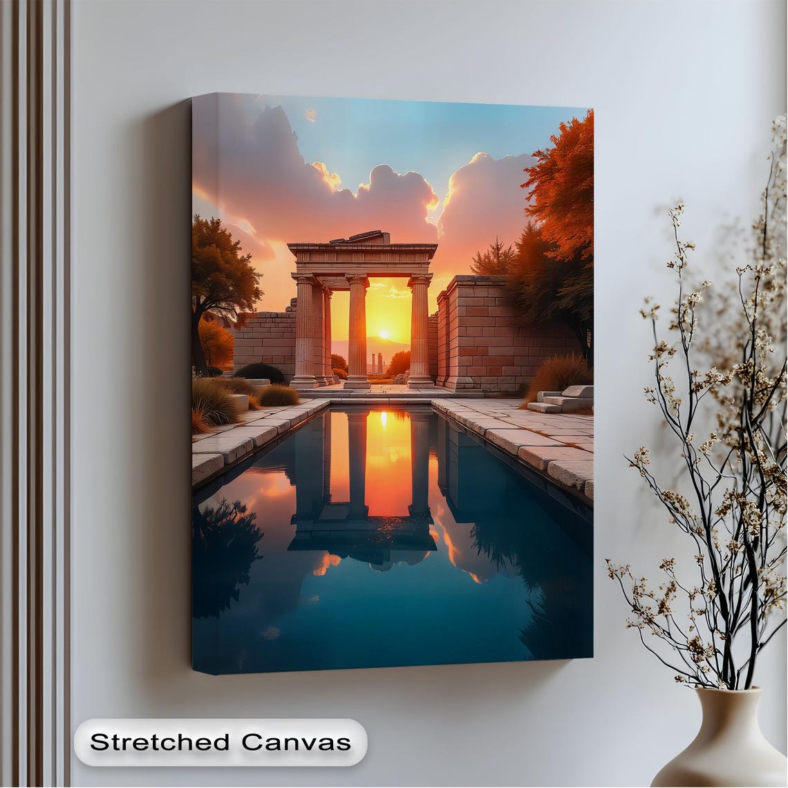 Ancient Temple Sunset Reflection Mirror Pool Classical Stone Wall Art