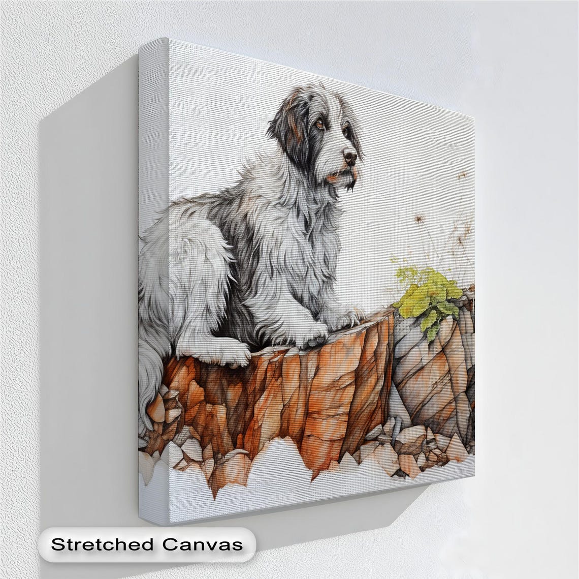Shaggy Dog On Rocky Cliff Poster Watercolor Rustic Mountain Scene